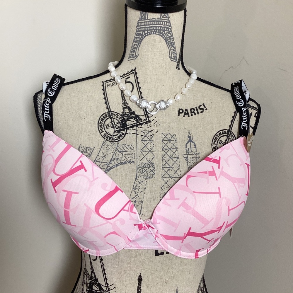 Juicy Couture Women’s Pink Bra 3 Hook&Eye Back Closure Logo Straps T-shirt BRA
